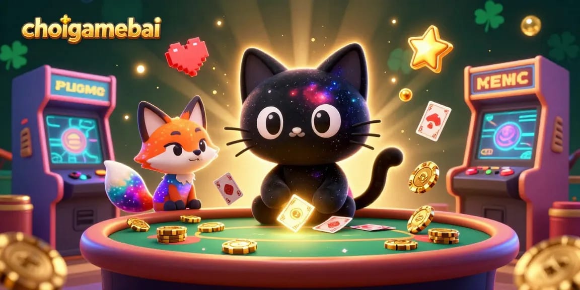 Engage in the vibrant cosmic casino scene of choigamebai with the black hole cat and nebula fox playing with golden game elements.
