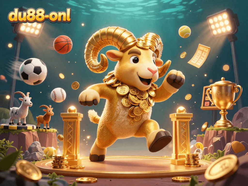 Dive into du88-onl's action with a gold ram charging through a vibrant sports betting arena filled with dynamic elements.