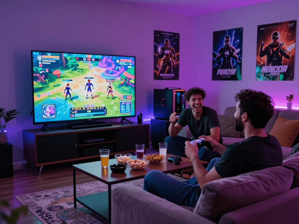 Friends immersed in fun porn games on a large TV in a cozy living room.