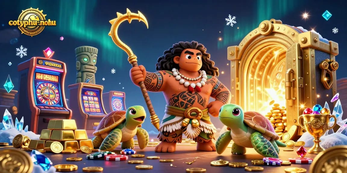 Engage in cotyphu-nohu with vibrant 3D casino scene filled with golden treasures and strategic gameplay elements.