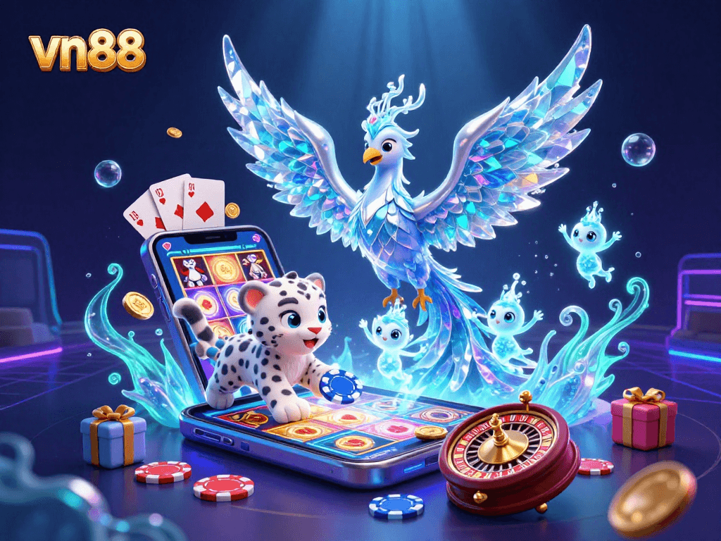 Experience the vibrant vn88 casino scene with an ice phoenix and glowing sprites playing alongside slots.