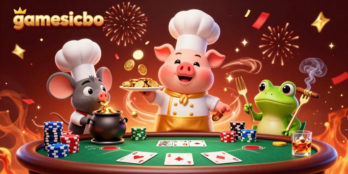 Play sicbo with gamesicbo, culinary-themed casino scene showcasing chefs and poker elements.