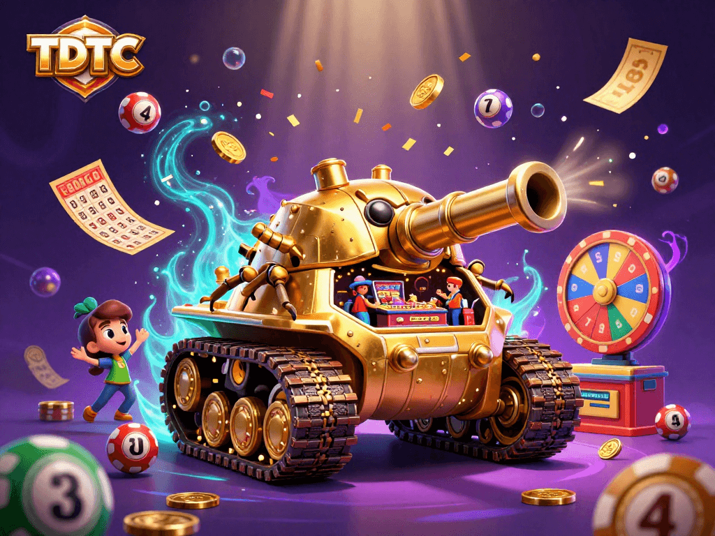 Experience TDTC through an ultra-detailed 3D illustration of a golden beetle tank casino, showcasing dynamic lottery elements.