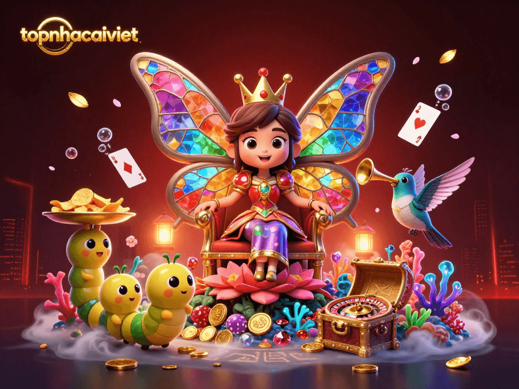 Engage with topnhacaiviet's vibrant online casino world featuring a butterfly queen and dynamic gaming elements.