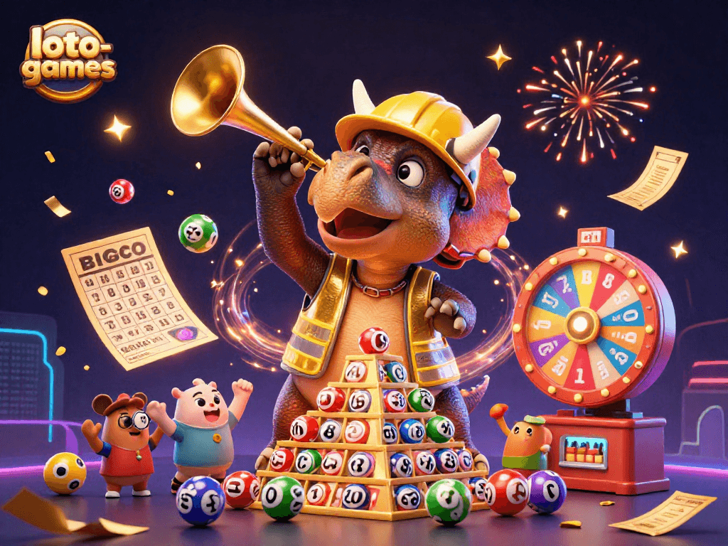 Experience the joy of loto-games with a triceratops building a lottery ball pyramid, surrounded by vibrant elements.