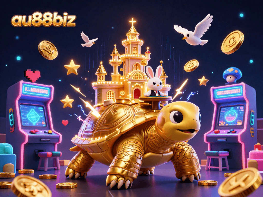 Experience thrilling gameplay at au88biz with a vibrant casino scene featuring a golden tortoise and rabbit dealer.