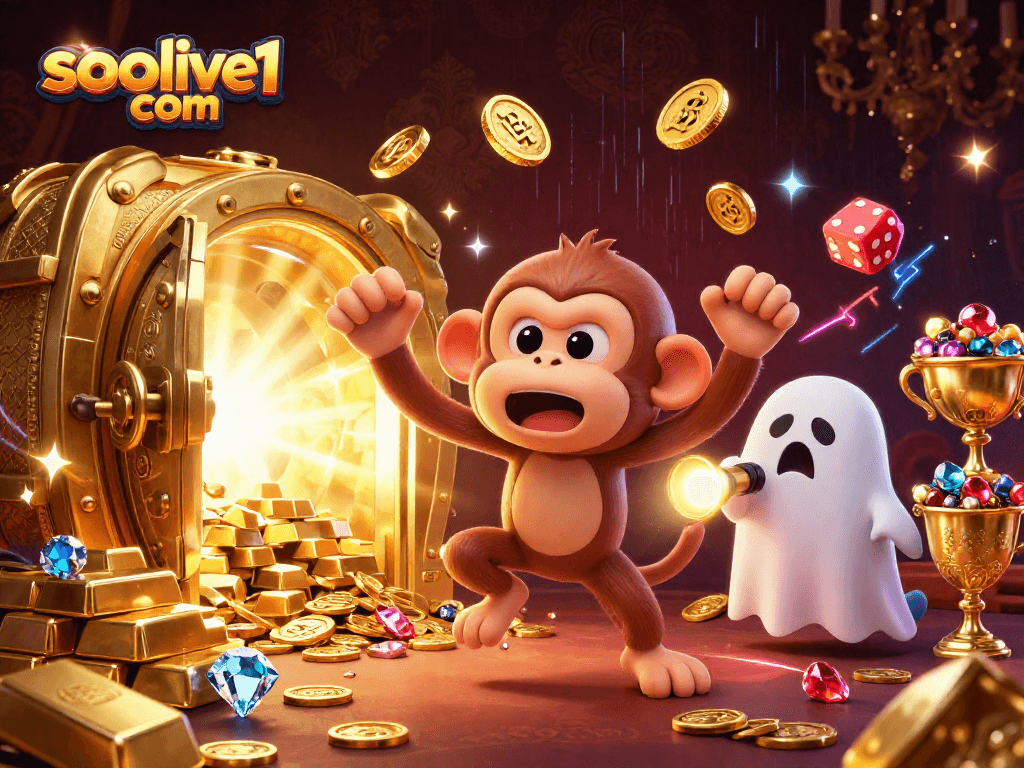 Join the adventure with socolive1 com as the playful poltergeist monkey juggles casino treasures amidst the excitement.