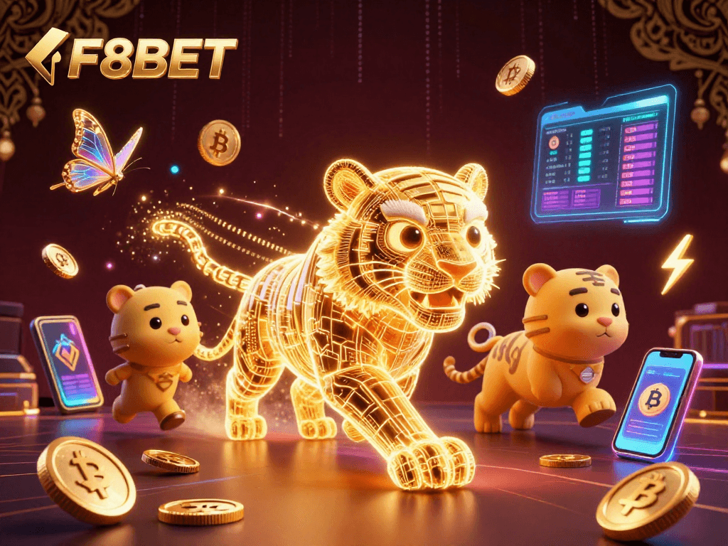 Experience dynamic gaming with F8BET's 3D casino illustration featuring neon elements and cryptocurrency.