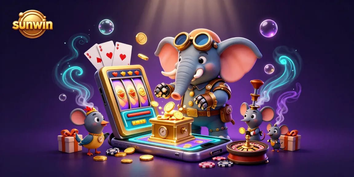 Spin the golden slot reels with sunwin's animated steampunk character amidst vibrant casino elements!