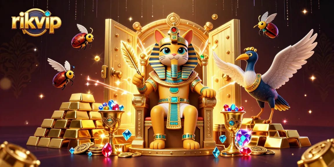 rikvip showcases an Egyptian pharaoh cat amid treasure and gems in vibrant casino scene