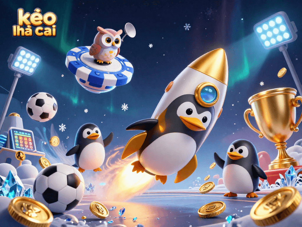 Experience thrilling action in kèo nhà cái as a golden penguin soars toward a casino space station.