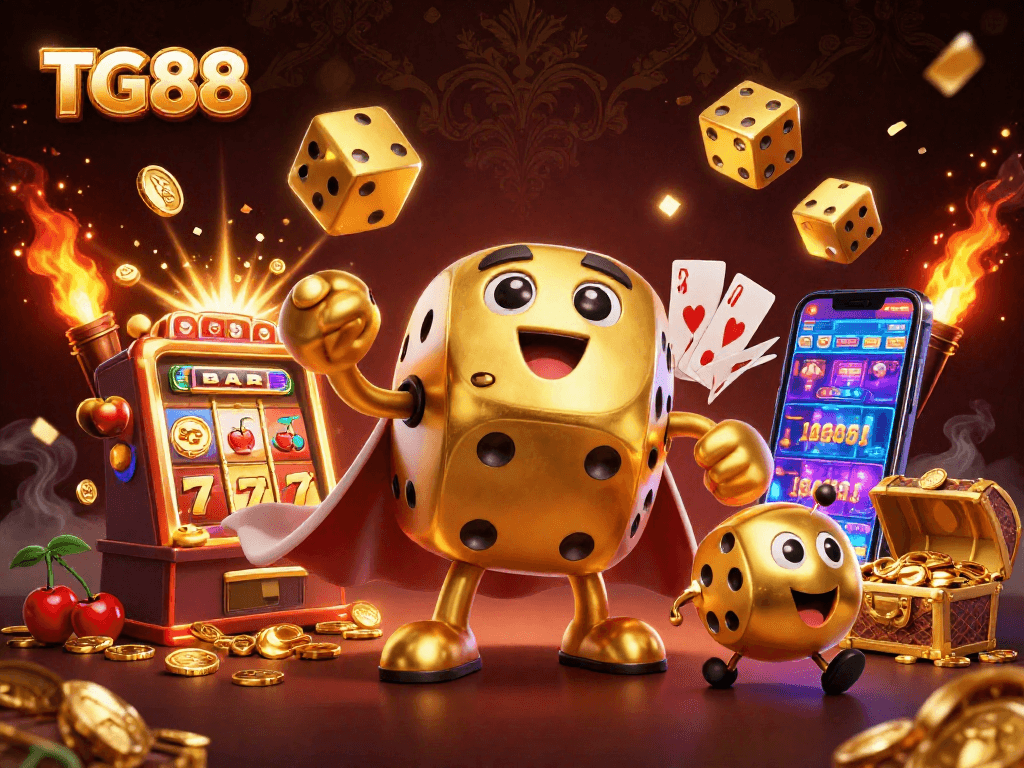 Play exciting games at TG88 with a dynamic illustration of a golden dice golem and casino elements.