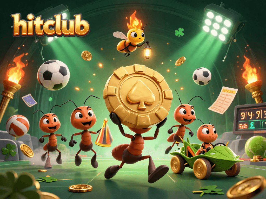 Kickstart your adventure with hitclub as cartoon ants heist a giant poker chip, surrounded by vibrant gambling elements.