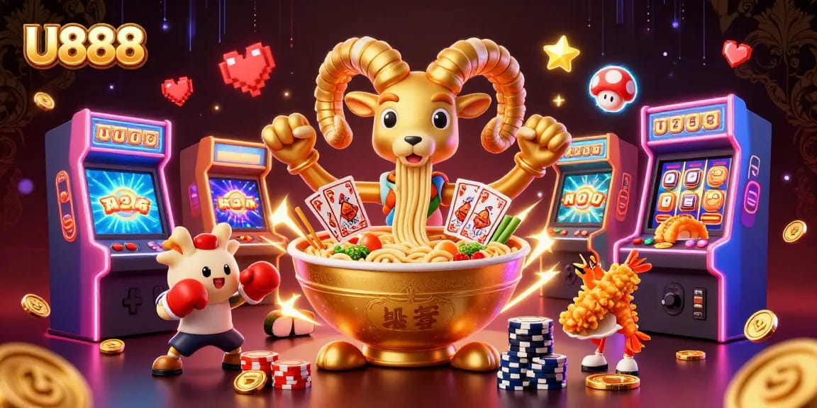 Engage in thrilling gameplay at U888 with a vibrant casino-themed cartoon illustration.