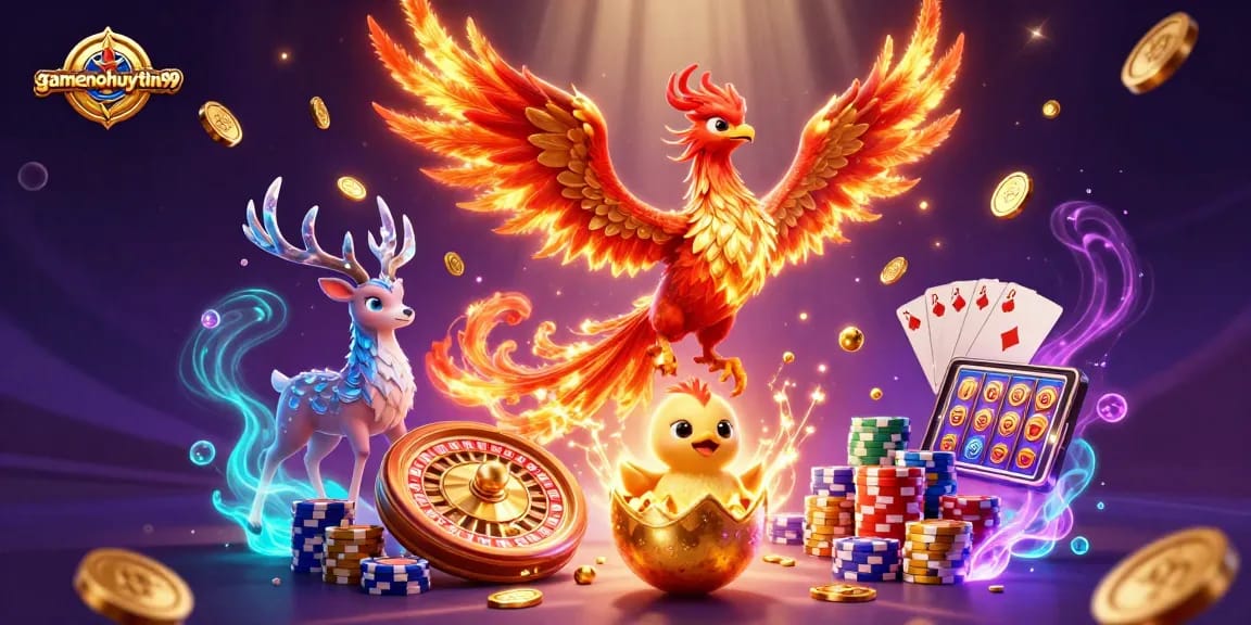 Experience the thrill of gamenohuuytin99 with a vibrant casino scene featuring a phoenix and jackpot elements.