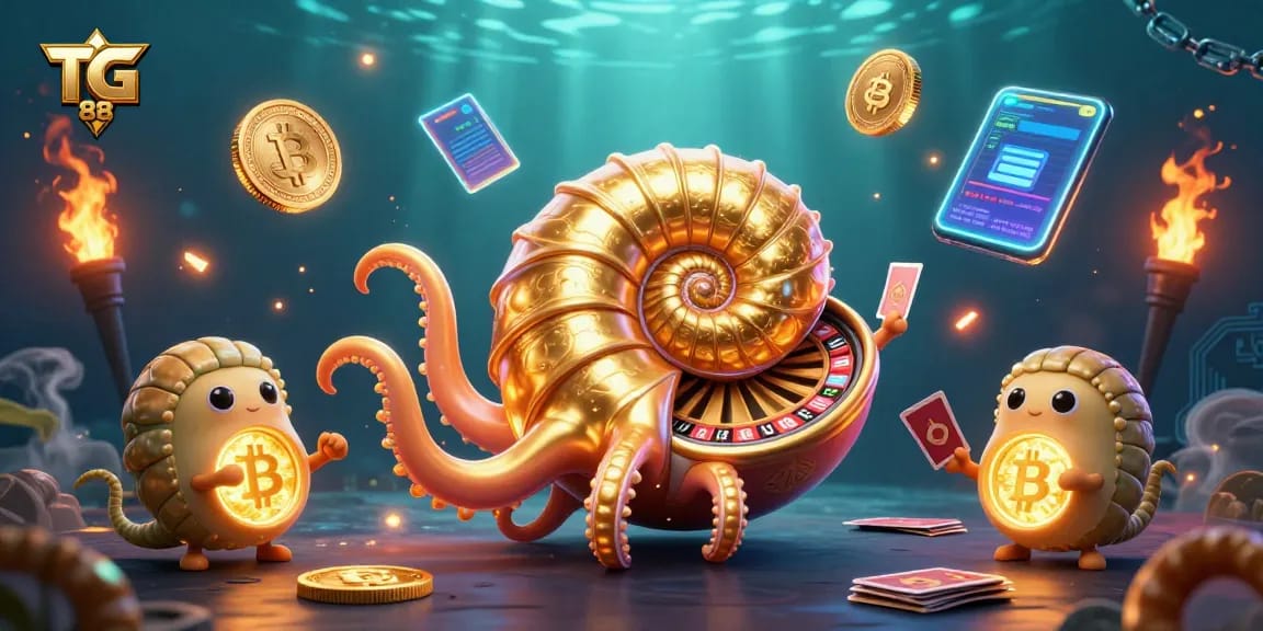 Experience the thrill of TG 88 with a vibrant 3D illustration featuring a nautilus roulette wheel and glowing crypto elements.