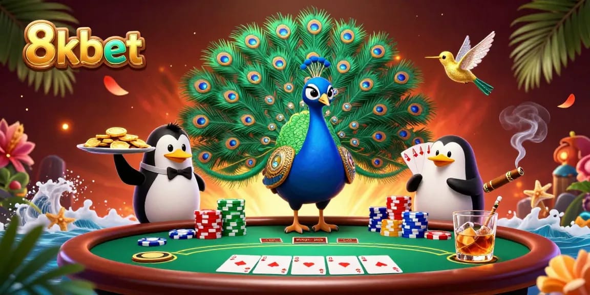 Experience high-stakes gaming at 8kbet with colorful poker elements and animated characters.