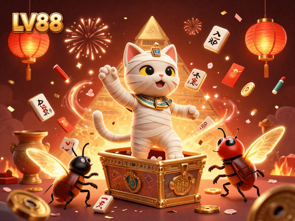 Experience LV88 in a vibrant pyramid casino scene with a mummy cat and festive gaming elements.