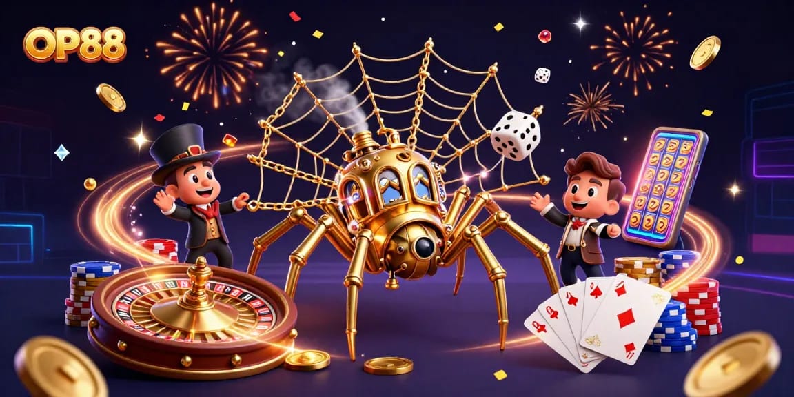 Spin to win at OP88 with a vibrant steampunk theme showcasing a lively casino scene.