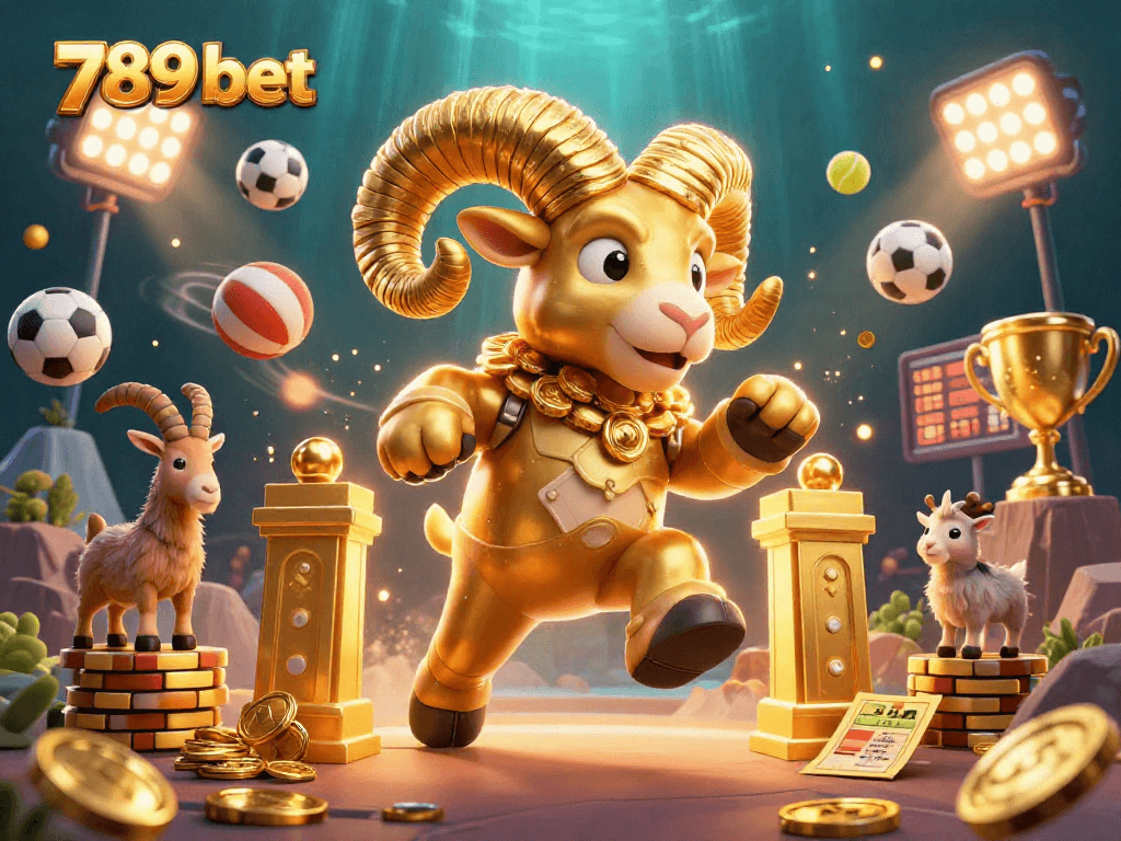 Join the excitement of 789 bet with a dynamic 3D scene showcasing winning sports moments and golden rewards.
