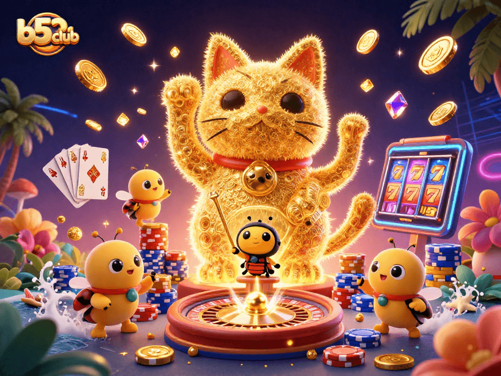 b52club showcases a colorful 3D scene of a lucky cat and vibrant casino symbols amidst golden coins.