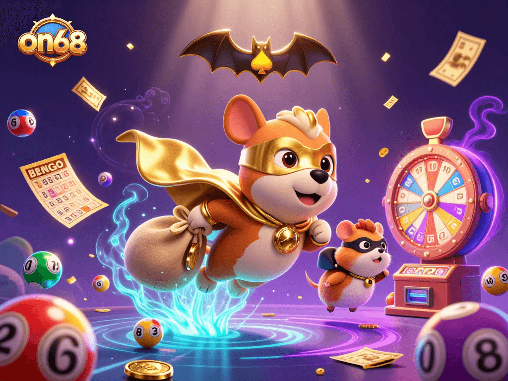 Engaging scene of on68's cartoon superhero dog and sidekick celebrating winnings with dynamic gambling elements.