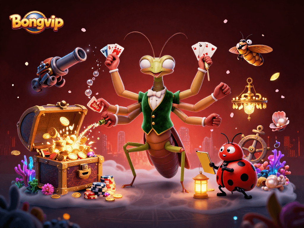 Bongvip offers thrilling casino experiences with a giant mantis dealer and vibrant game elements.