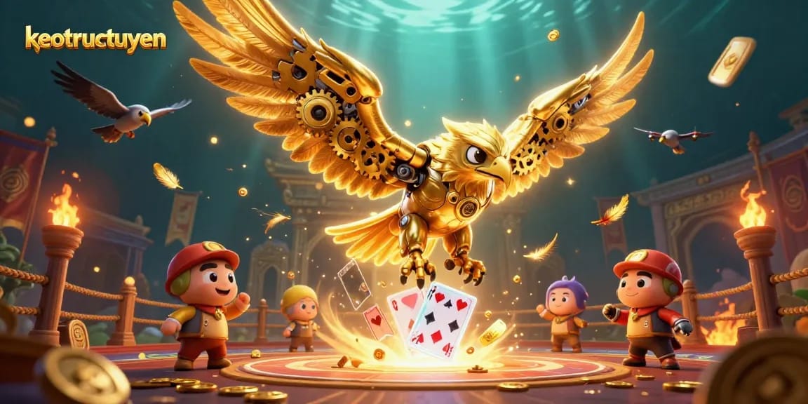 Bet on keotructuyen with a vivid scene of a golden eagle diving through holographic cards.
