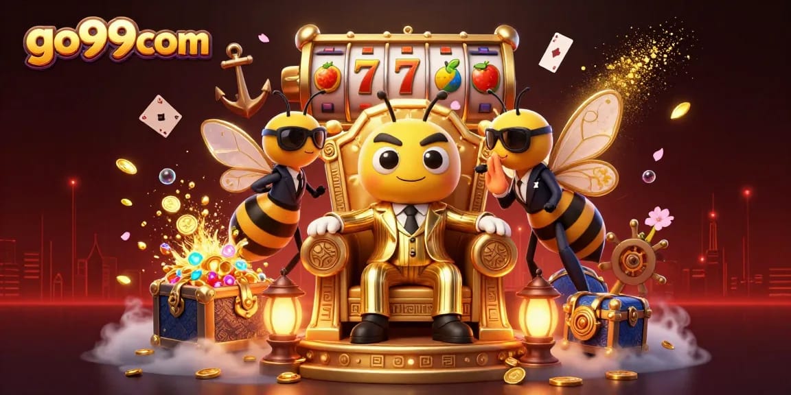 Engage with go99com's vibrant casino scene featuring animated characters and slot reels.