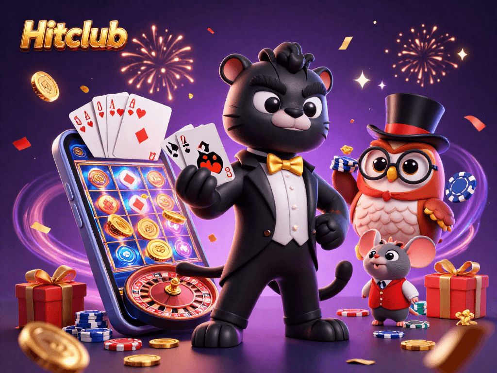 Hitclub brings excitement as a black panther dealer interacts with playful characters in a vibrant casino scene.