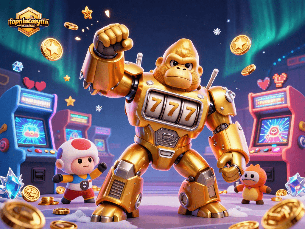 Engage with topnhacaiuytinn featuring an action-packed scene of a golden gorilla mech and colorful arcade elements.
