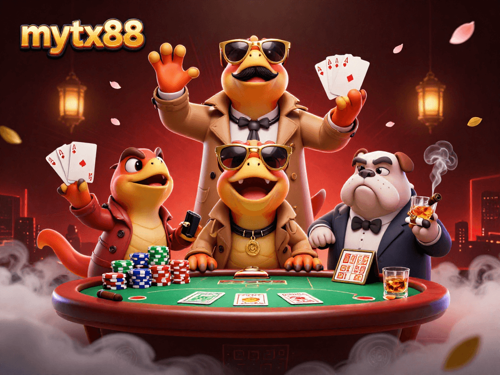 Playing card raptors in trench coat entering VIP casino lounge at mytx88, amidst poker chips and luxurious décor.