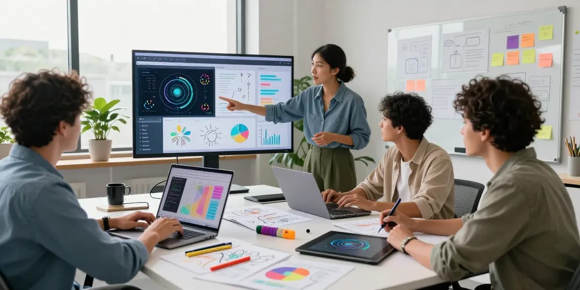 Engaging team collaborating in a modern workspace showcasing hot AI graphics and analytics.