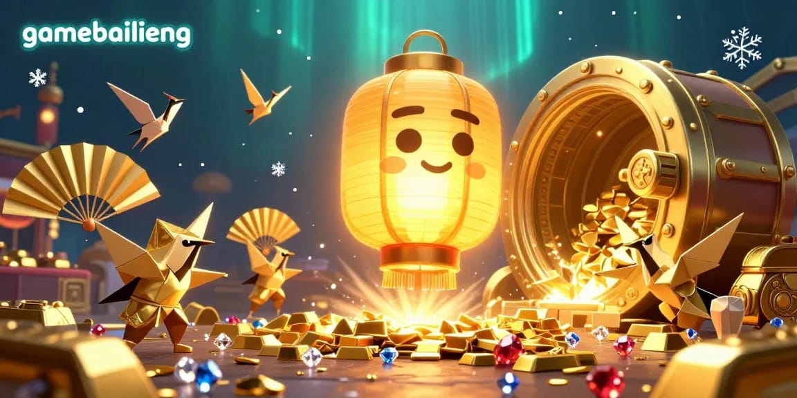 Engage with gamebailieng's vibrant gaming scene, showcasing the golden lantern spirit amidst stunning treasures.