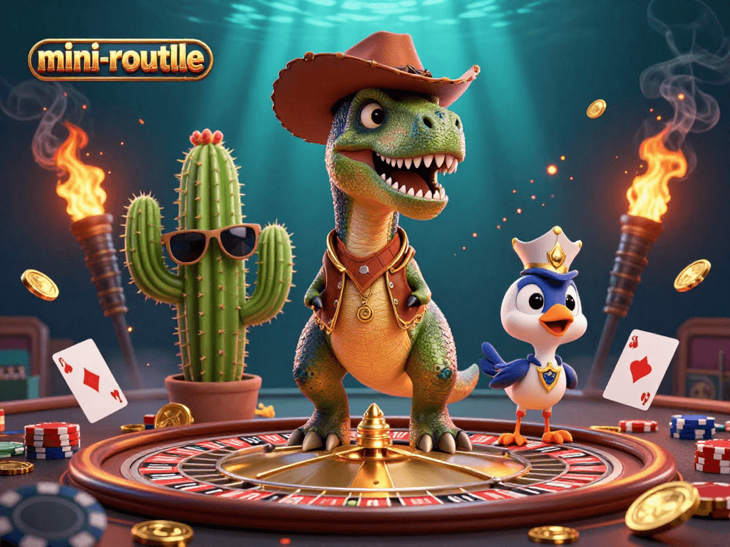 Engage in thrilling mini-roulette action with a cartoon cowboy dinosaur, cactus, and roadrunner in a vibrant casino scene.