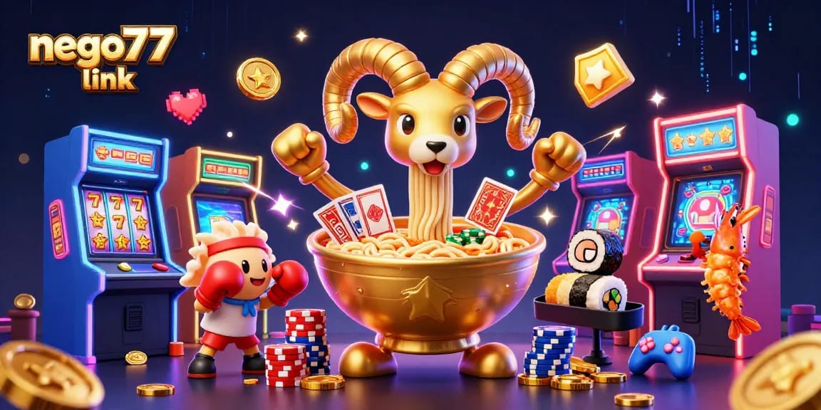 Engage with the exciting nego77 link as a giant ramen bowl deals cards in a vibrant casino scene.