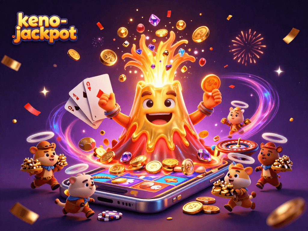 Engage in the excitement of keno-jackpot with animated treasures erupting from a volcano in a vibrant scene.