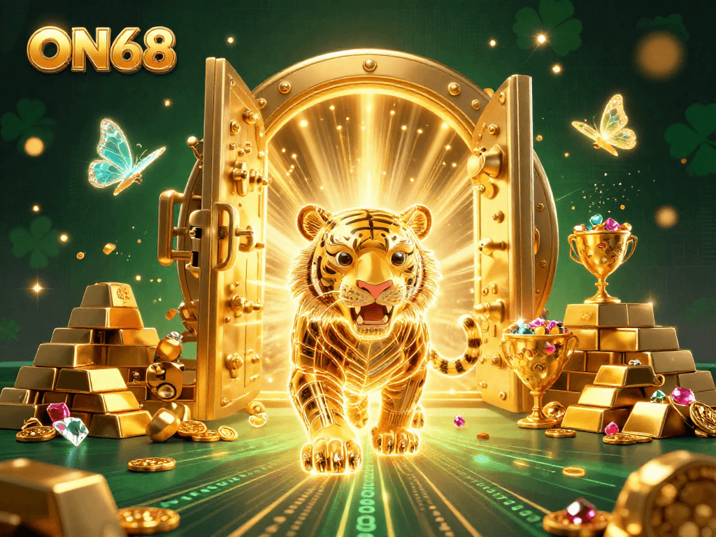 Engage in thrilling gambling experiences at ON68 with a vibrant 3D casino landscape featuring a golden tiger and treasures.