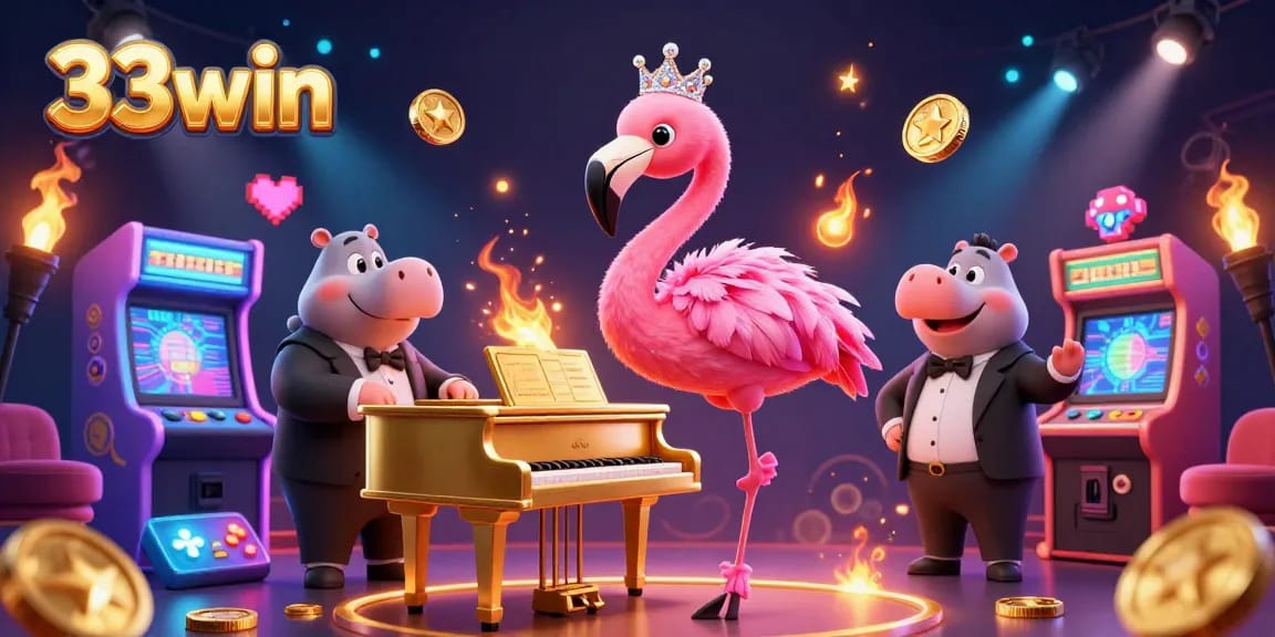 Engage with 33win's vibrant casino atmosphere featuring a flamingo singer and hippo bassist.
