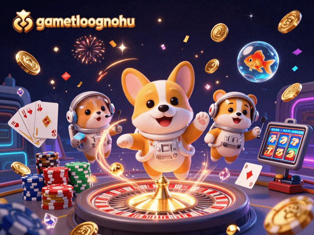 Experience gamethuongnohu with a playful astronaut corgi in a thrilling space casino scene.