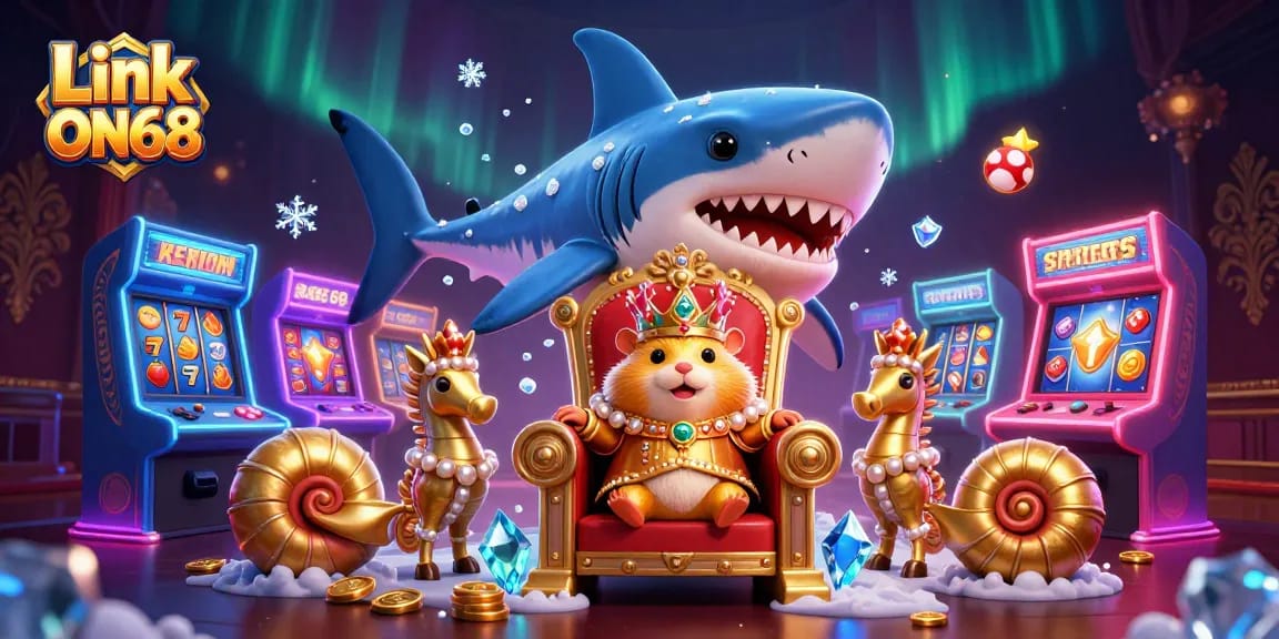 Engage in thrilling casino action with Link ON68 featuring a megalodon throne and vibrant gameplay elements.