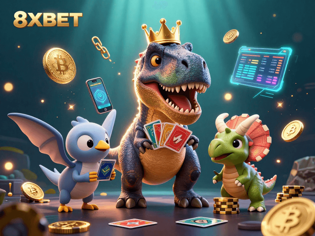 Experience thrilling gameplay at 8XBET with T-Rex shuffling cards and a baby triceratops stacking chips.