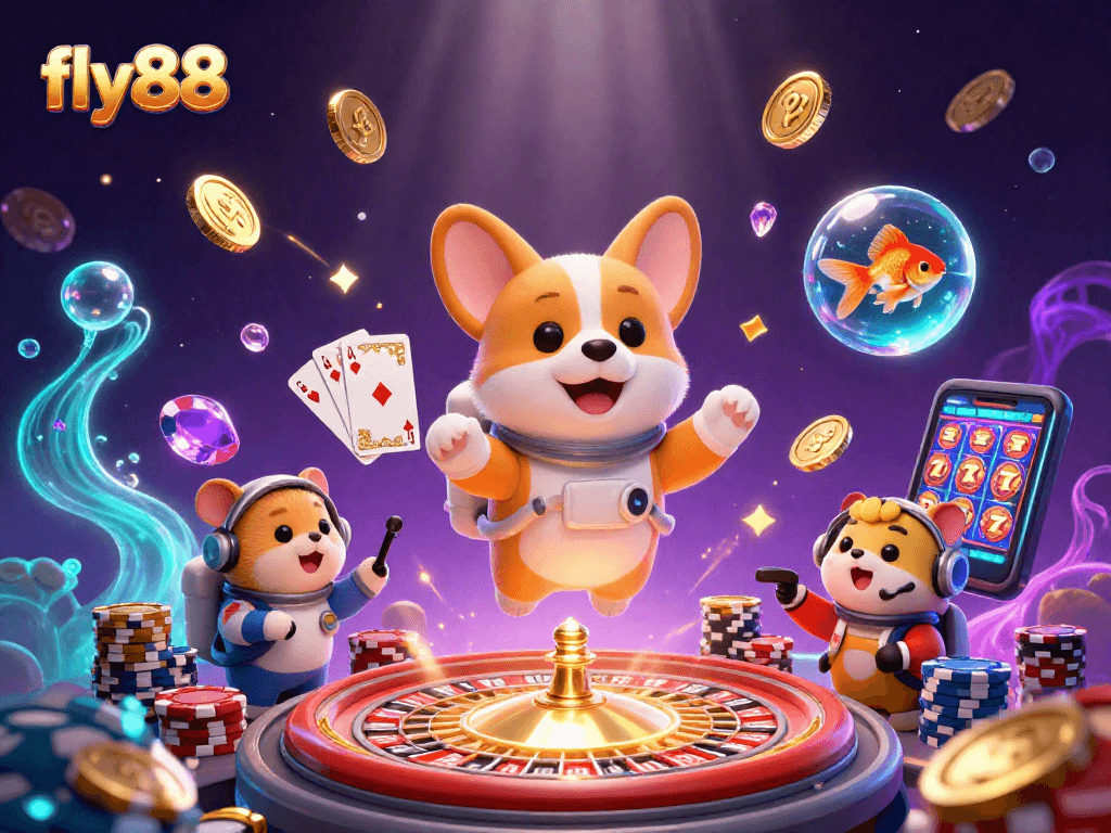 Engage in thrilling gameplay at fly88, where a cartoon corgi enjoys a vibrant casino adventure!