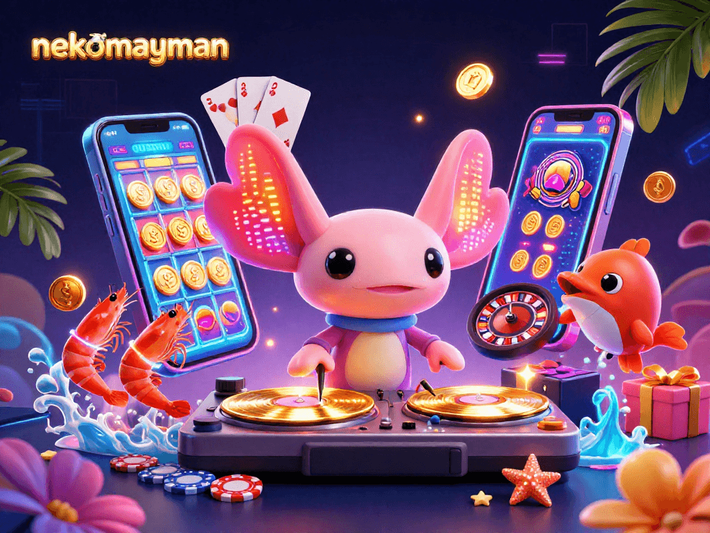 Experience excitement with nekomayman in this vibrant slot game illustration featuring dynamic characters and casino elements.