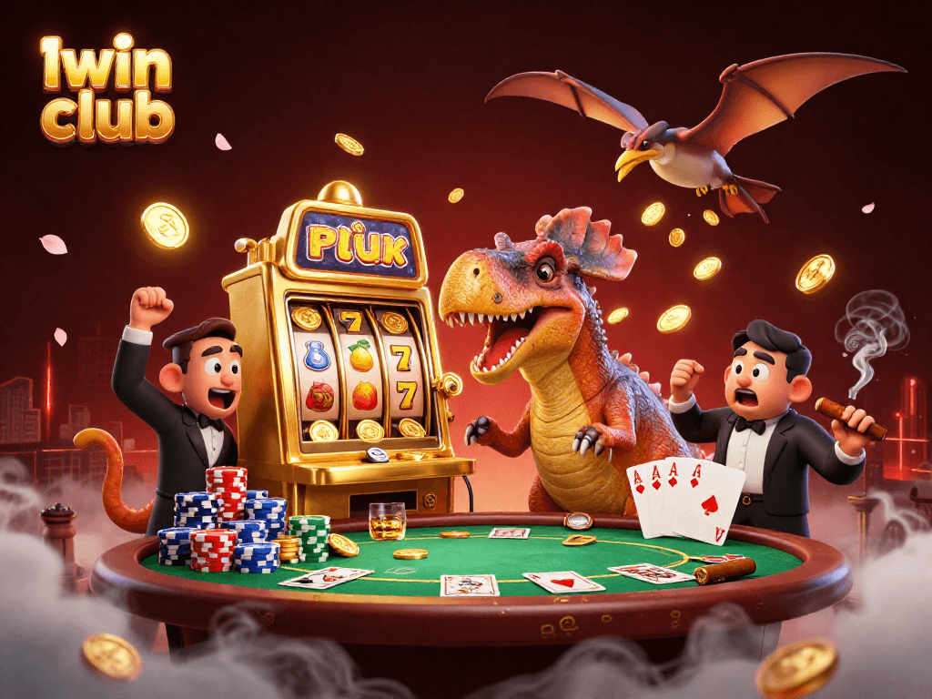 Iwin club features a cartoon dinosaur winning jackpots at a vibrant casino scene.