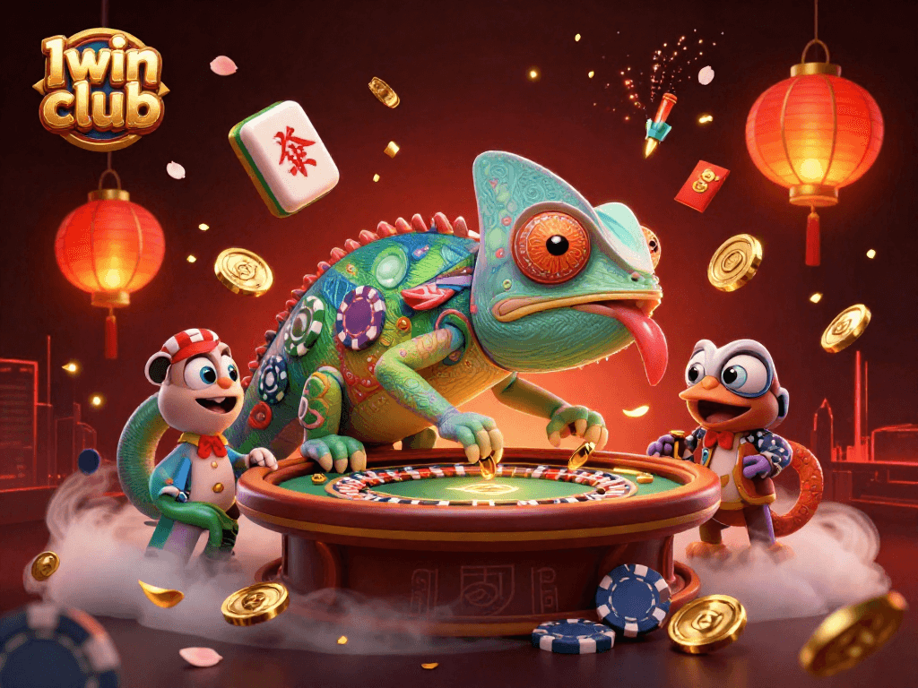Iwin club chameleon casino owner attracts luck with golden coins amidst festive gaming elements