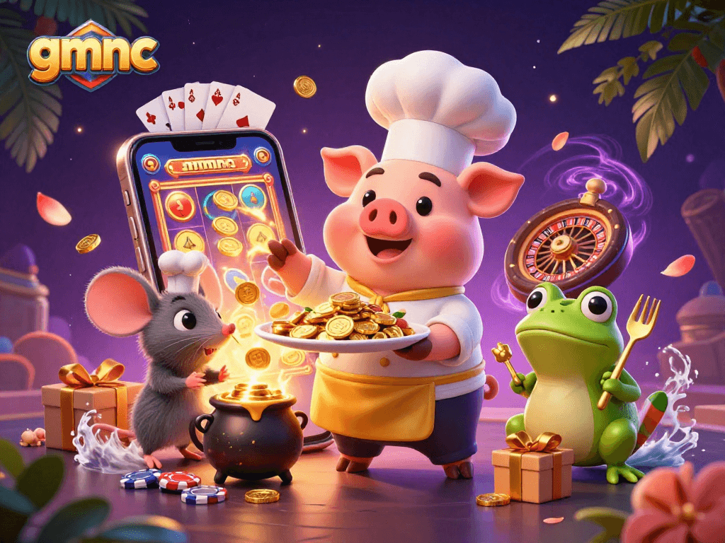 Experience the excitement of gmnc with vibrant casino characters amid swirling energy and golden treasures.