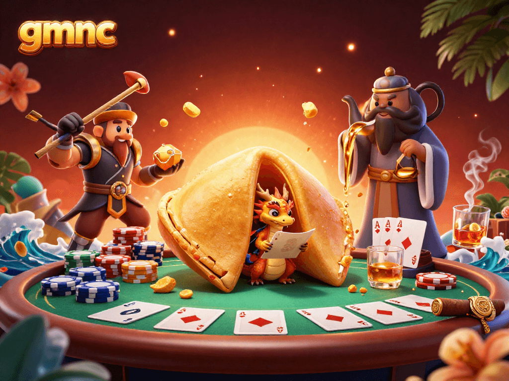 Play exciting games at gmnc with a vibrant 3D scene featuring cards, chips, and a wise dragon.