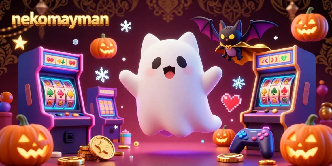 Engage with the game "nekomayman" featuring a ghost cat and bat in a lively casino scene with bright slot machines and glowing tokens.