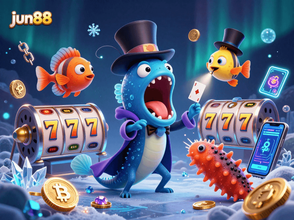 Experience thrilling magic with jun88 as a glowing eel performs card tricks underwater, flanked by crypto coins.
